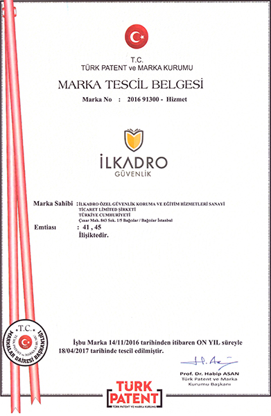 ilkadro Güvenlik Eğitimi Marka Tescil Belgesi